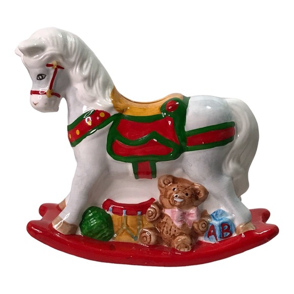 Vtg Holiday Ceramic Rocking Horse Piggy Bank Taiwan Cottagecore Christmas - Picture 7 of 8
